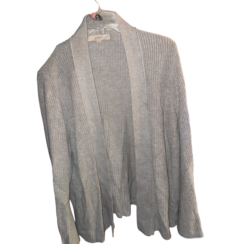 Loft Womens XL Gray Ribbed Knit Open Front Shawl Collar Cardigan Sweater
